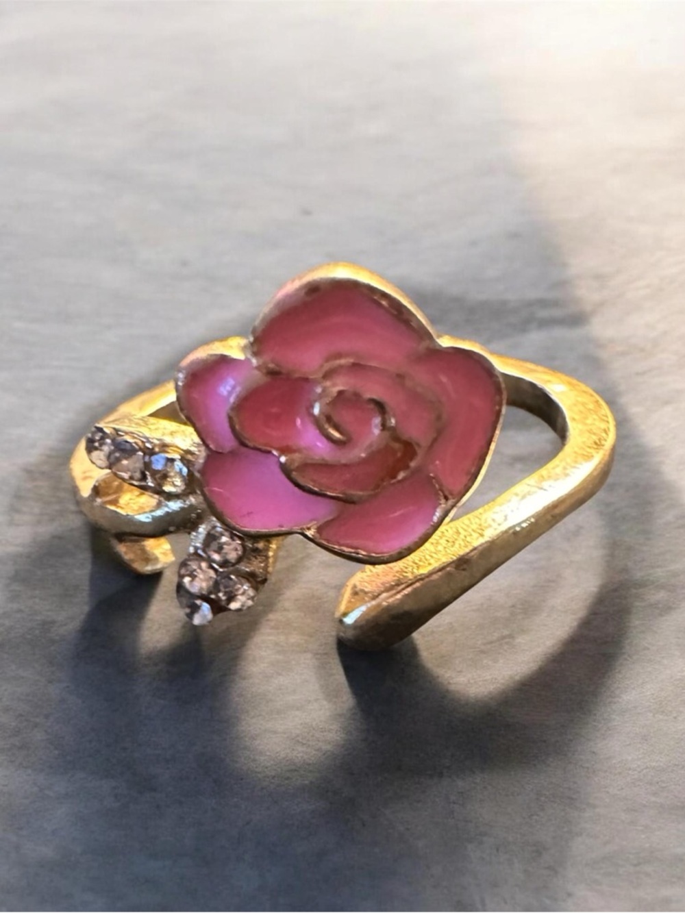 Gold-Tone Pink Rose Ring with Crystal Accents